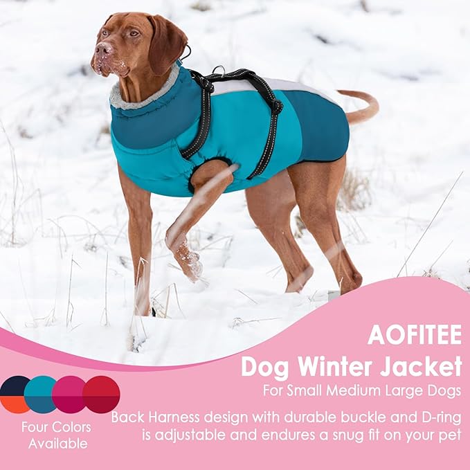 AOFITEE Dog Coats for Large Dogs, Waterproof Dog Winter Jacket with Harness Built in, Warm Large Dogs Coat with Fleece Lined, Zip Up Pets Jackets for Golden Retriever, Weimaraner, Turquoise 2XL