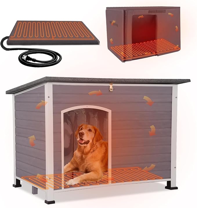 GUTINNEEN Extra Large Heated Dog House Outdoor Weatherproof Insulated Dog House XL Dog Kennel with Thermostat-Controlled Heating Pad, Thermal Liner, Chew-Proof Metal Frame for Large Dogs (Grey)