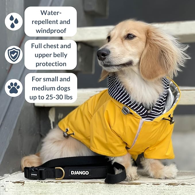 DJANGO Highland Dog Jacket & Raincoat – Water-Repellent, Lined Dog Coat with Hood, Adjustable Fit & Harness Hole – Lightweight Rain & Wind Jacket for Small & Medium Dogs up to 30 lbs (Olive, X-Small)