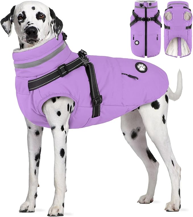 Dogcheer Dog Coat with Harness, Waterproof Dog Jacket, Reflective Puppy Winter Jacket with Pocket, Doggy Turtleneck Fleece Vest for Small Medium Large Dogs - Taro Purple, 2XL