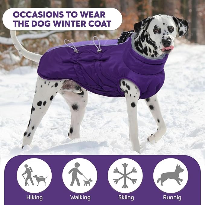 IDOMIK Warm Dog Coat with Harness, Waterproof Reflective Dog Jackets for Small Medium Large Dogs, Fleece High Collar Winter Jacket with Zipper, Pet Winter Snowsuit Clothes for Cold Weather,Purple L