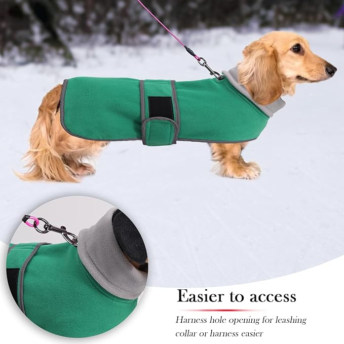 Geyecete Dachshund Sweaters for Dogs Jacket, Dachshund Coat Winter Coat with Padded Fleece Lining and High Collar, Dog Snowsuit with Adjustable Bands Sizes-Green-L