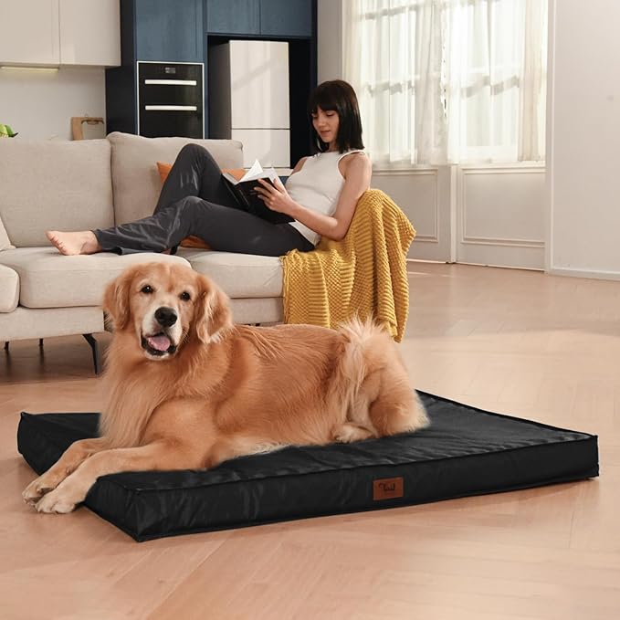 Outdoor Dog Bed for Small Dogs & Cats, Waterproof Dog Crate Mat Orthopedic Egg Crate Foam with Washable Removable Oxford Cover, Black