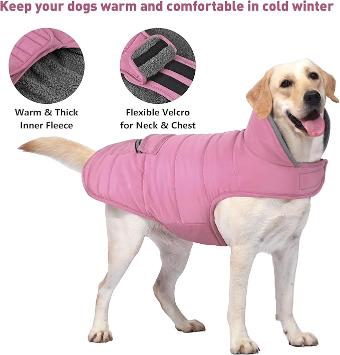 Dog Coat, Waterproof Dog Winter Jacket with Pocket, Reflective Adjustable Pet Snow Vest, Warm Cozy Fleece Sweater for Small Medium Extra Large Dogs - Light Pink, 3XL