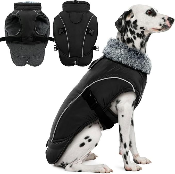 DENTRUN Large Dog Winter Coat - Windproof Reflective Warm Coat, Adjustable Neck & Snap Closure, Water Repellent Thick Fleece Vest, Fleece Lined for for Golden Retriever, Black, XL