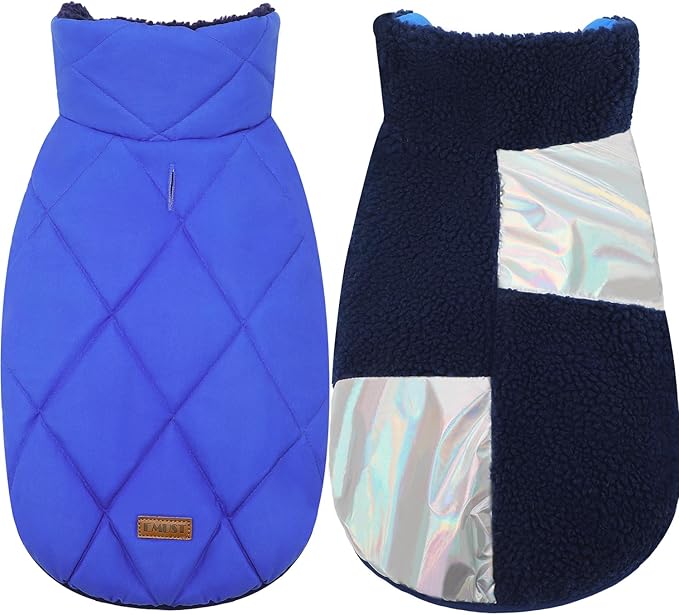 EMUST Small Dog Coat, Reversible Winter Jacket Coats for Small Dogs, Fuzzy Pet Apparel Vest for Small Medium Dogs, Royal Blue, S