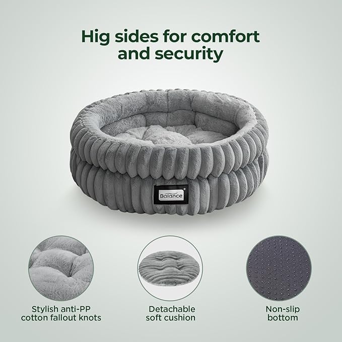 BALANCE Cat Bed Kitten Bed, Washable Round Cat Beds for Indoor Cats,Super Soft Plush Faux Fur Pet Bed for Puppy and Kitten with Anti-Slip Bottom