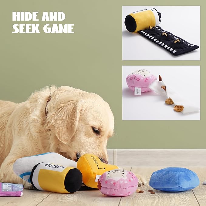 Nocciola Funny Squeaky Dog Toys, Old Tech Themed Stuffed Plush Puppy Toy Set with Hidden Treat Pockets, Cute Crinkle Chew Toys for Small Medium Large Breed, Boy Dog Birthday Gifts, 7 Packs