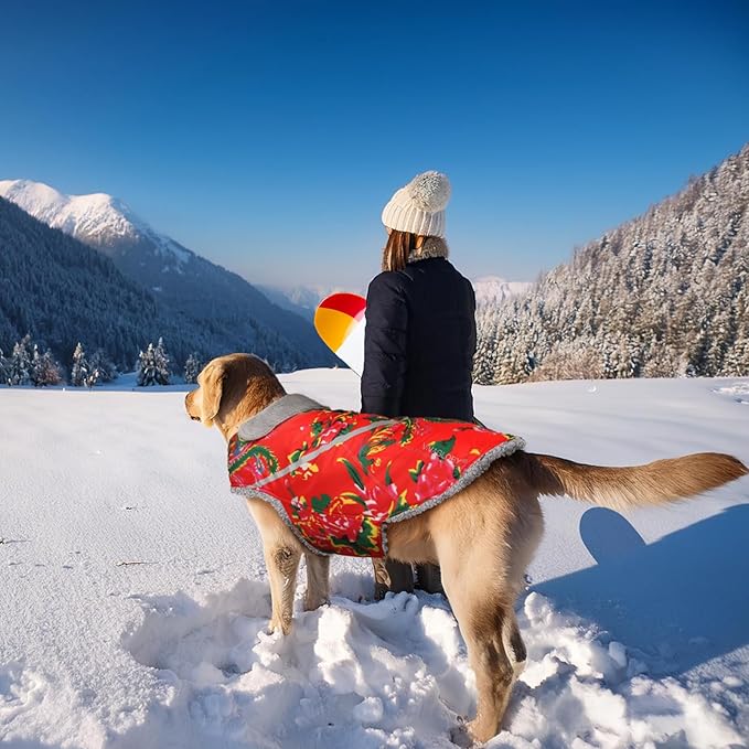 VIVAGLORY Snowrap Dog Coat, Jacket with Harness Hole & Velcro Closure, Dog Coat for Winter & Cold Weather, Fluffy Warm Fleece Lined Reflective Water Resistant for Puppy, M, Northeast Florals-Red