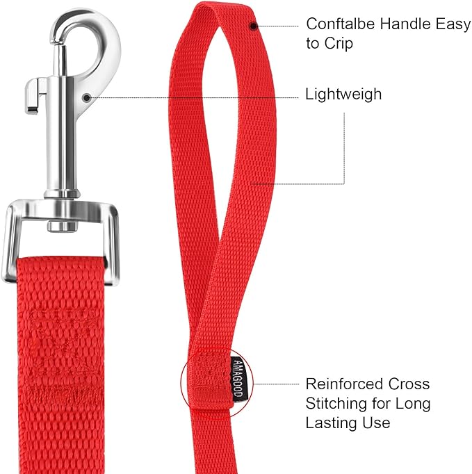 6 FT Puppy Leashes, Traditional Style Leash with Easy to Use Collar Hook, Great for Small, Medium and Large Dogs (Red, 5/8" x 6 Feet)