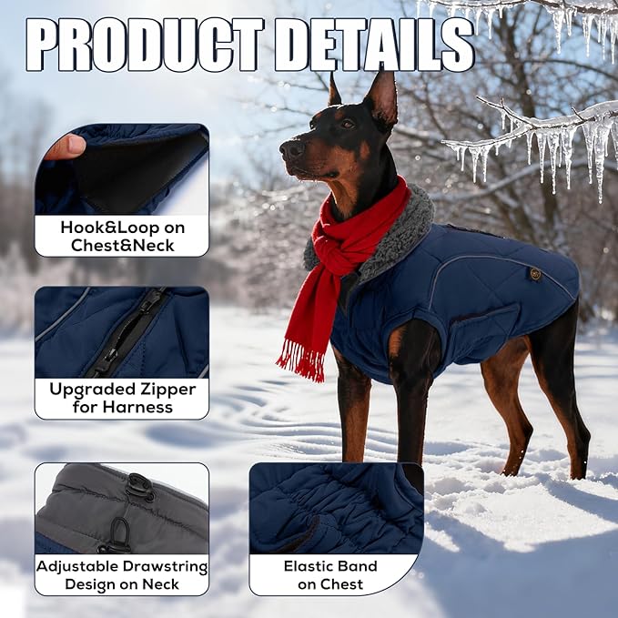 EMUST Dog Coats Winter, Thick Clothes for Medium Dogs Boy with Harness Hole, for Cold Weather, Dark Blue, M