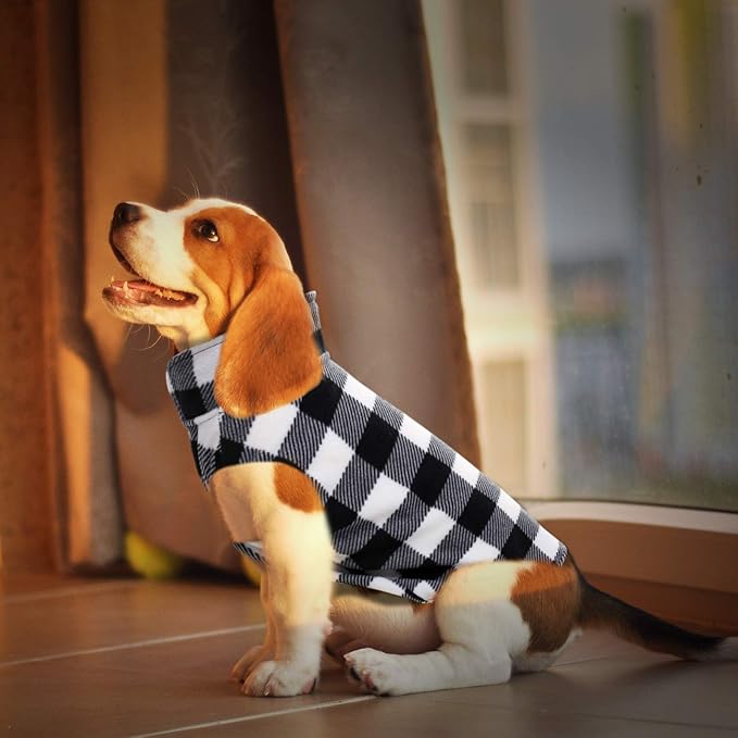 ASENKU Dog Sweater, Plaid Dogs Fleece Vest, Soft Comfortable Pet Pajamas, Warm Winter Puppy Shirt, Cold Weather Coat Jacket Pet Clothes for Small & Medium Dog Breeds (M, Black)