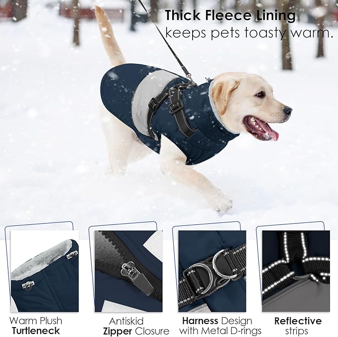 AOFITEE Dog Coat, Waterproof Dog Jacket Winter, Dogs Coat with Harness Built in, Warm Dogs Puffer Jacket with Zipper, Reflective Pet Snowsuit Sweater for Dachshund, French Bulldog, Boston Terrier, M
