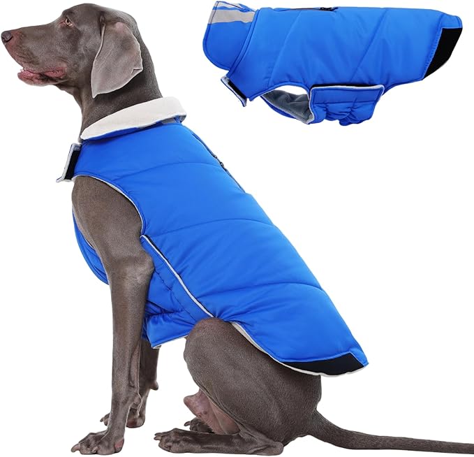 Kuoser Dog Coat Large, Cold Weather Reflective Waterproof Dogs Jacket with Warm Fleece Lining, Turtleneck Dog Winter Coat with Zipper, Doggy Snow Jacket Pet Coats for Small Medium Large Dogs, Blue 3XL