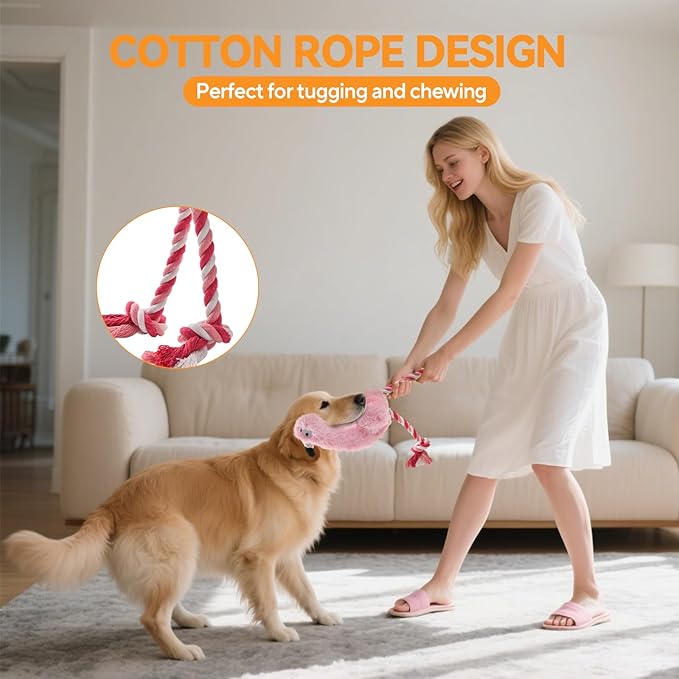 AUSCAT Plush Dog Rope Toy, Durable Squeaky Dog Toys for Puppy Small Medium Dogs (Not for Aggressive Chewers), Flamingo
