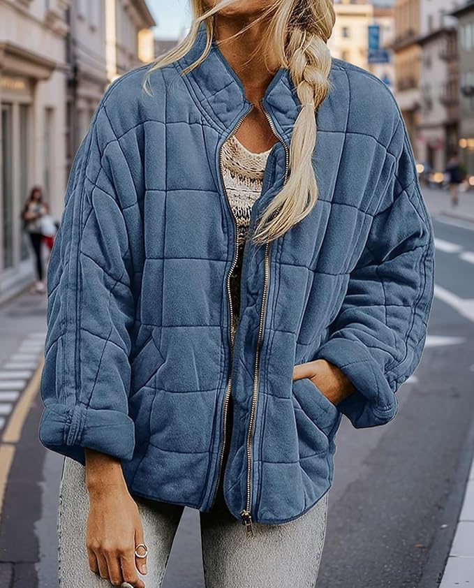 LIZALIG Warm Padded Coat for Women Full Zip Quilted Jackets Winter Oversized Causal Solid Color Stand Collar Pockets Coat