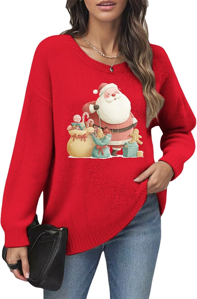 Women's Red Christmas Sweater - Festive Cartoon Patterns, Cozy Knit for Holiday Parties & Gatherings