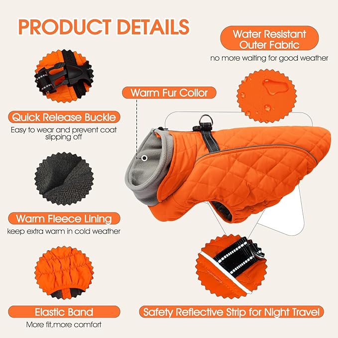 Dog Coat with Harness Built in -Orange,Large- Fleece Lined Dog Snow Jacket Snowsuit，Adjustable Reflective Winter Warm Cold Weather Coat