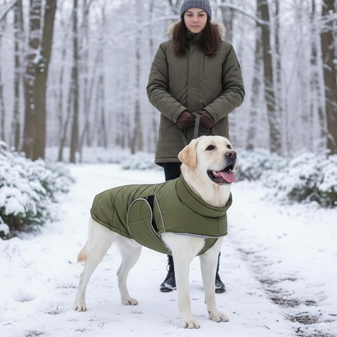 ASENKU Extra Warm Dog Coat - Winter Jacket with Fleece, Reflective, Adjustable, Zippered Leash Hole for Large Dogs (Green, 3XL)
