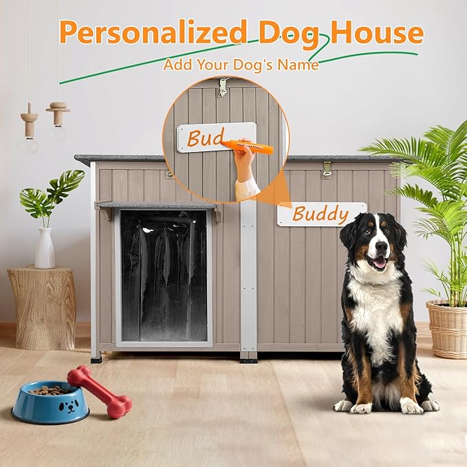 55" L Extra Large Dog House Outdoor with Window, XL Dog House Pet Shelter for Large Breed with Anti-Chewing Frame, Openable Roof, Removable Floor, 10 Support Feet for Medium to Large Dogs