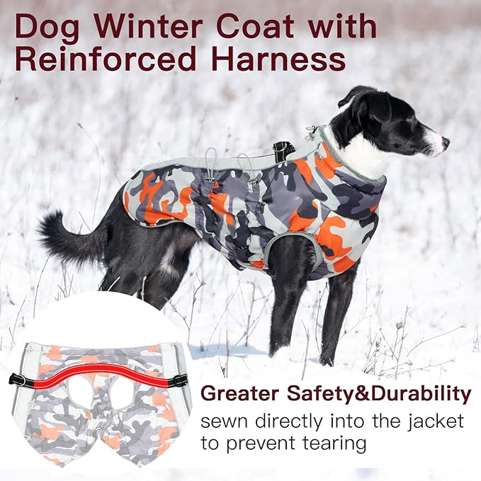 Dog Coat Dog Winter Jacket-Large, Warm Dog Coat Zip Up Snowsuit Dog Harness Vest Reflective Water-Resistant Dog Coat Dog Snow Jacket for Large Dogs French Bulldog, Pug, Orange-Camouflage