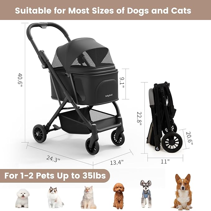 Lightweight Dog Stroller for Small Dogs & Cats Portable Compact Folded Pet Stroller Up to 35lbs Medium Pets One Click Folding Large Cat Carriage with Convertible Canopy Storage Basket - Black