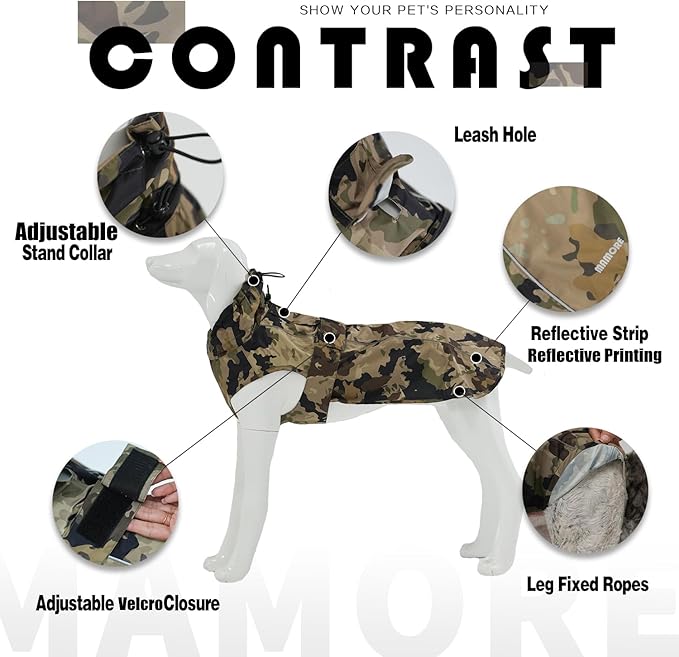 Waterproof Dog Raincoat with Reflective Strip, Adjustable Breathable Rain Coat Jacket with Leash Hole for Dogs (Camo, Medium)