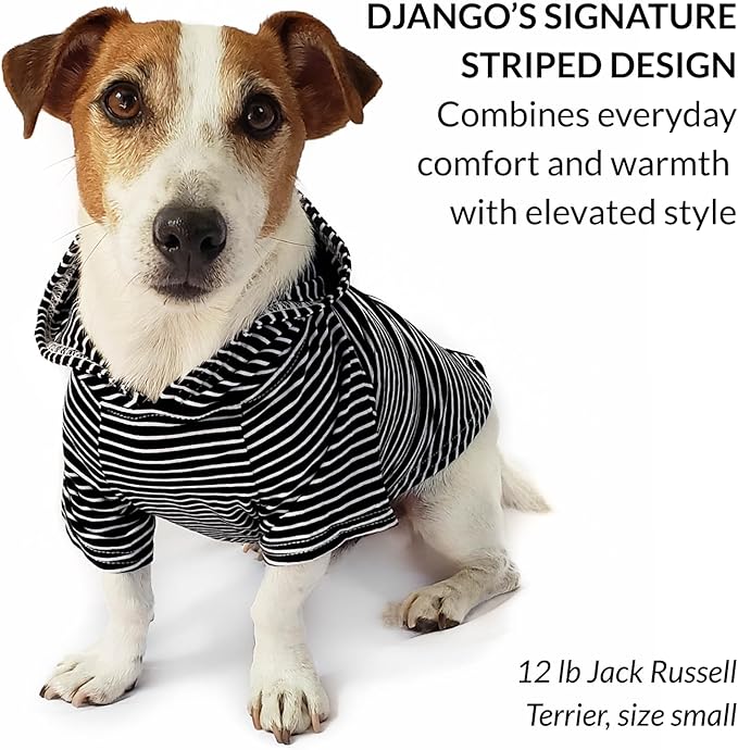 DJANGO Dog Hoodie – Warm, Lightweight, Soft & Stretchy Dog Sweater with Hood, Harness Hole & Elastic Waistband – Cozy Sweatshirt for Small Dogs up to 25 lbs, Dachshunds & Puppies – Black, Small