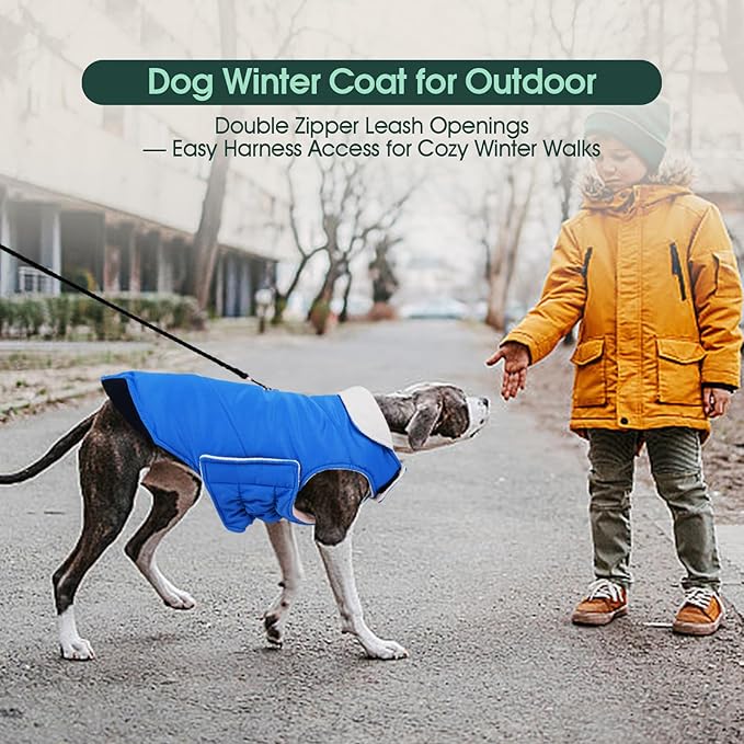 Kuoser Dog Coat Large, Cold Weather Reflective Waterproof Dogs Jacket with Warm Fleece Lining, Turtleneck Dog Winter Coat with Zipper, Doggy Snow Jacket Pet Coats for Small Medium Large Dogs, Blue L