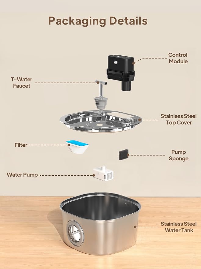 Voluas Cat Water Fountain Stainless Steel: 108oz/3.2L Wireless Cat Fountain Battery Operated for Drinking Indoor, Cordless Automatic Pet Water Dispenser Bowl with Water Level Window, BPA-Free