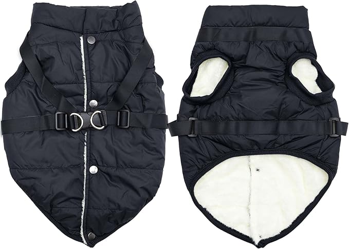 Dog Jacket with Harness,Fleece Lined Warm Puppy Coat for Winter,Soft Windproof Large Dog Vest,Black XXXL