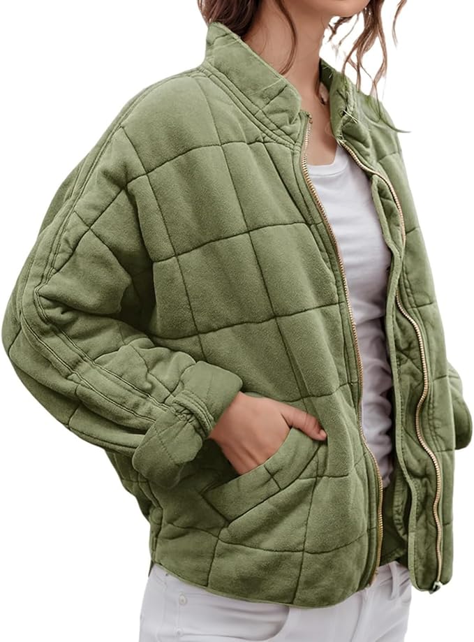 LIZALIG Warm Padded Coat for Women Full Zip Quilted Jackets Winter Oversized Causal Solid Color Stand Collar Pockets Coat
