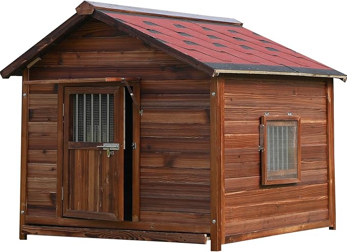 Large Dog House Outdoor Pine Wood Dog House with Weatherproof Asphalt Roof,Removable Floor,Lockable Door,Adjust Windows,Easy to Clean,Warm Insulated Dog Kennel for Large Breed Size Outside Use