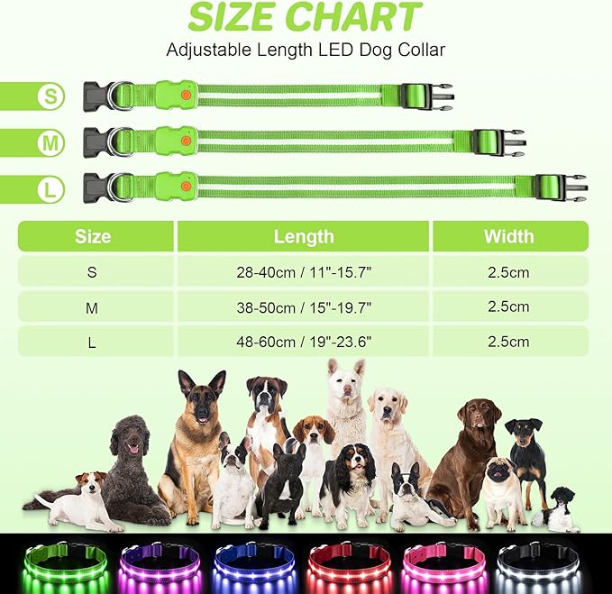 PcEoTllar Light Up Dog Collars, Led Dog Collar, Rechargeable, Night Walking, Waterproof, Glow in The Dark Dog Collars Light for Large Small Medium Dogs, Green l