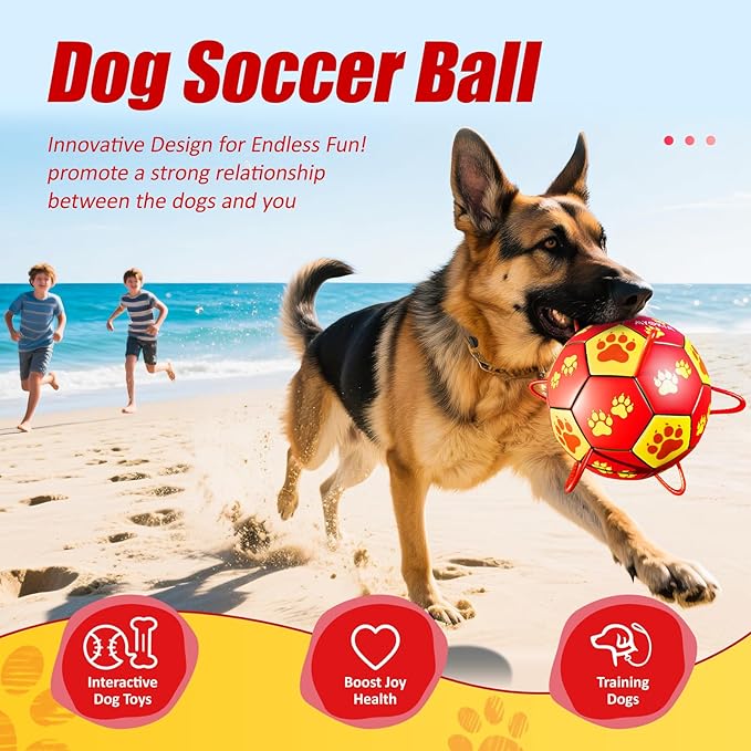 Size 3 Interactive Dog Soccer Ball with Strap, Red & Yellow, Eye-Catching Paw Prints Design, Ideal Outdoor Training Pet Toy, Perfect Choice for Medium & Large Dogs' Playtime