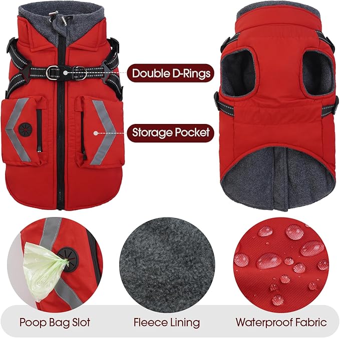 FUAMEY Dog Winter Coat Waterproof, Warm Fleece Lined Jacket for Dogs, Extra Large Goggie Vest with Harness Built in, Pet Cold Weather Coats Doggy Outfits Back Zipper, Border Collie (Red, 2XL)