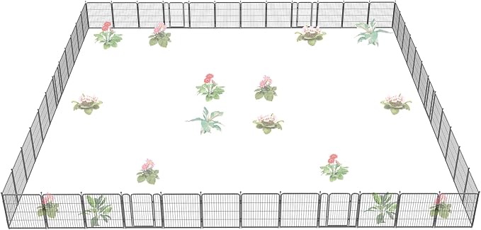 FXW Garden Fence Outdoor for The Yard – 32in(H) x 109.4ft(L) Heavy Duty Metal Animal Barrier for Dog and Rabbit, Decorative Dog Fence, 48 Panels, Silver