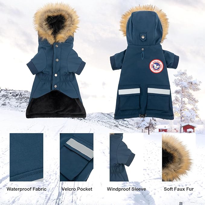 PINA Small Dog Coats - Waterproof, Warm Winter Jacket with Faux Fur Hood, Reflective, Flannel Lined, Windproof, Pocket