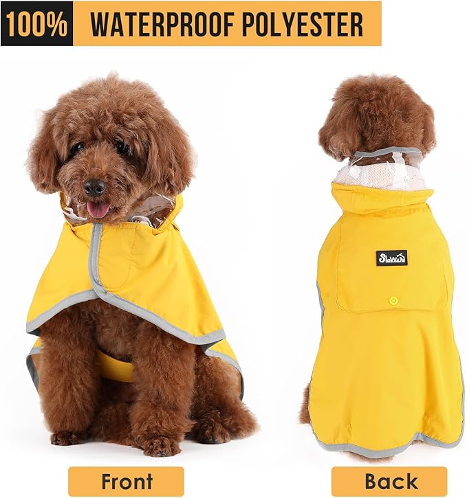 SlowTon Dog Raincoat, Adjustable Dog Rain Jacket Clear Hooded Double Layer, Waterproof Poncho with Reflective Strip Straps and Storage Pocket for Small Medium Large Dogs(M)