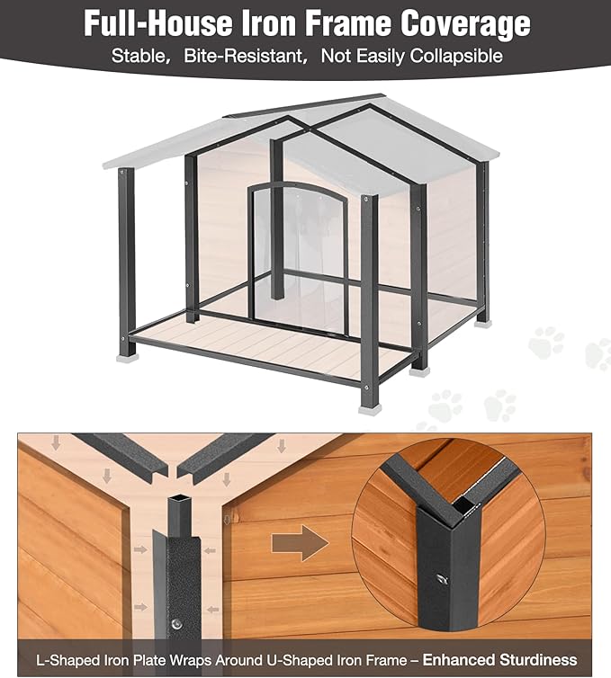 Insulated Dog House, Outdoor Dog House for Winter, Weatherproof Wooden Dog Kennel with Porch, Iron Frame, Openable Roof & Removable Floor
