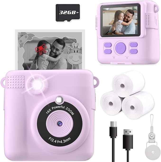 Instant Print Camera for Kids, Christmas Birthday Gifts for Girls Boys Age 3-12,Digital Kids Cameras for Toddler, Portable Toy for 3 4 5 6 7 8 9 10 Year Old Girl with 32GB SD Card-Purple