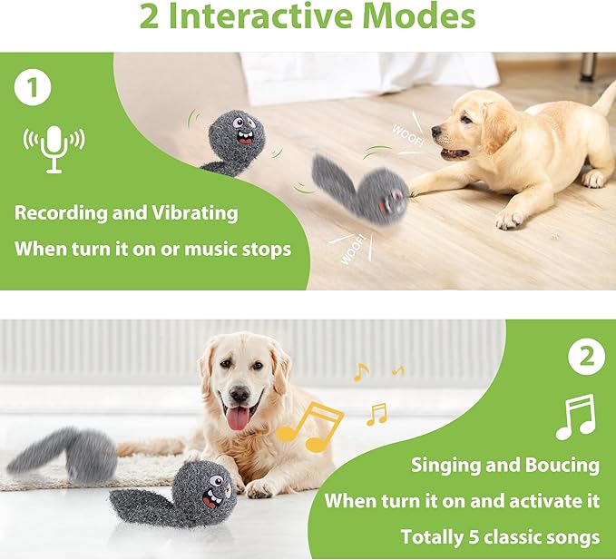 PETGEEK Interactive Squeaky Dog Toy, Upgraded Automatic Moving Vibrating Dog Ball with Plush Cover, 900mAh Rechargeable Bouncing Ball with Recording Music Mode, Crinkle Dog Toy for Pet Boredom, Grey