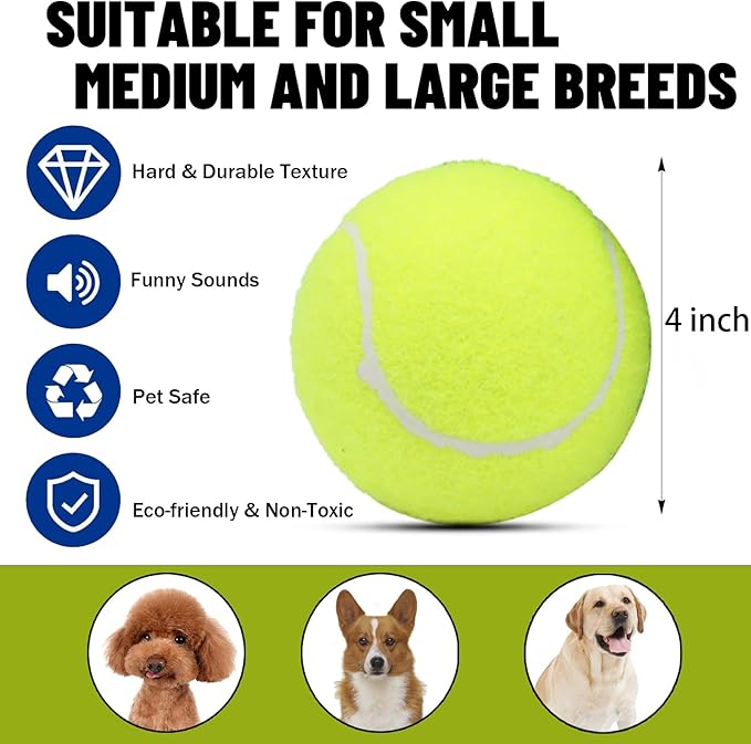 Magicorange Squeaky Tennis Ball Dog Toys 4 inch Oversize Giant Tennis Ball for Fetch Exercise, Natural Rubber Squeaky Dog Balls Training Safe (Multicolor, 4 Pack)