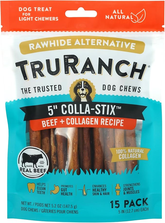 TRURANCH Collagen Sticks - 5" Collagen Sticks for Dogs - Long Lasting Healthy Joint Support Dog Treat - Rawhide Alternative - Skin & Coat Health - Made with Real Beef, 1 Bag, 15 Count