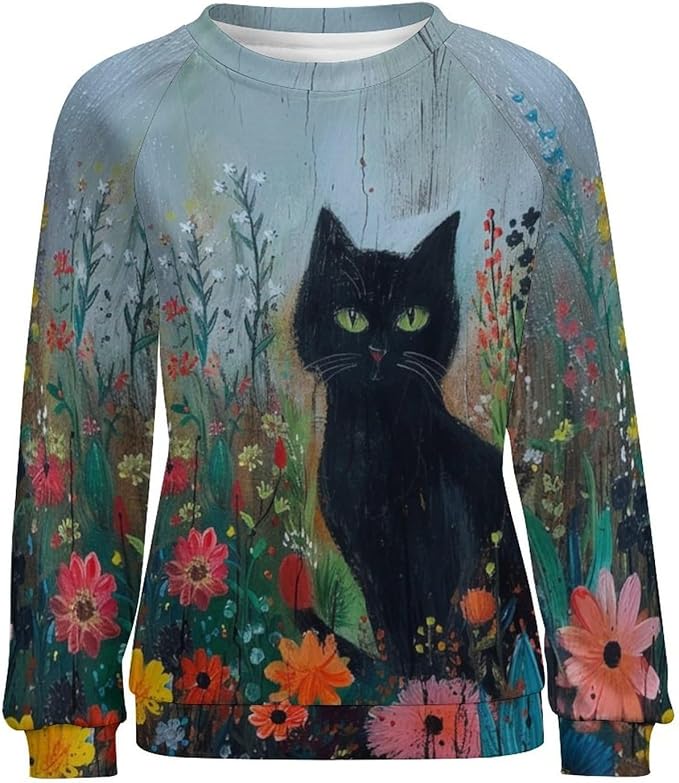 Long Sleeve Shirts for Women Cat Oil Painting Shirt 3D Graphic Sweatshirts Fall Pullover Crewneck Vintage Boho Tops