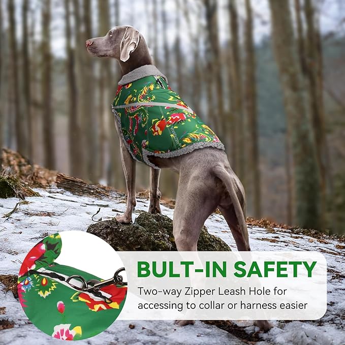 VIVAGLORY Snowrap Dog Coat, Jacket with Harness Hole & Velcro Closure, Dog Coat for Winter & Cold Weather, Fluffy Warm Fleece Lined Reflective Water Resistant for Puppy, XL, Northeast Florals-Green
