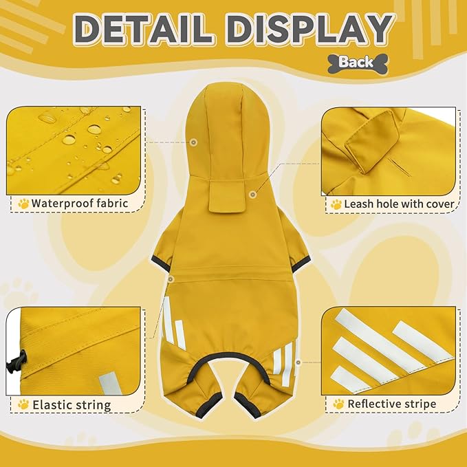 Dog Raincoat, Waterproof Dog Rain Jacket with Hood, Rain Coat with Leash Hole, Reflective Strap for Small Medium Dogs, Lightweight Puppy Clothes(Yellow,M)