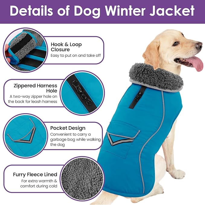 SUNFURA Dog Coat, Warm Dog Coat XXL Puffer Jacket with Harness Hole, Reflective Pet Snow Jacket Turtleneck Fleece Vest for Weimaraner, Labrador, Golden Retriever, Turquoise 2XL
