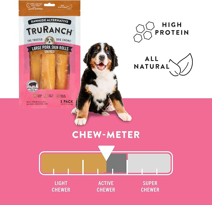 TRURANCH Large Pork Skin Rolls - Smoked Collagen Rolls - Collagen Chews for Dogs - Real Pork Skin - Rawhide Alternative - Easy to Digest Treat, 1 Bag, 3 Count