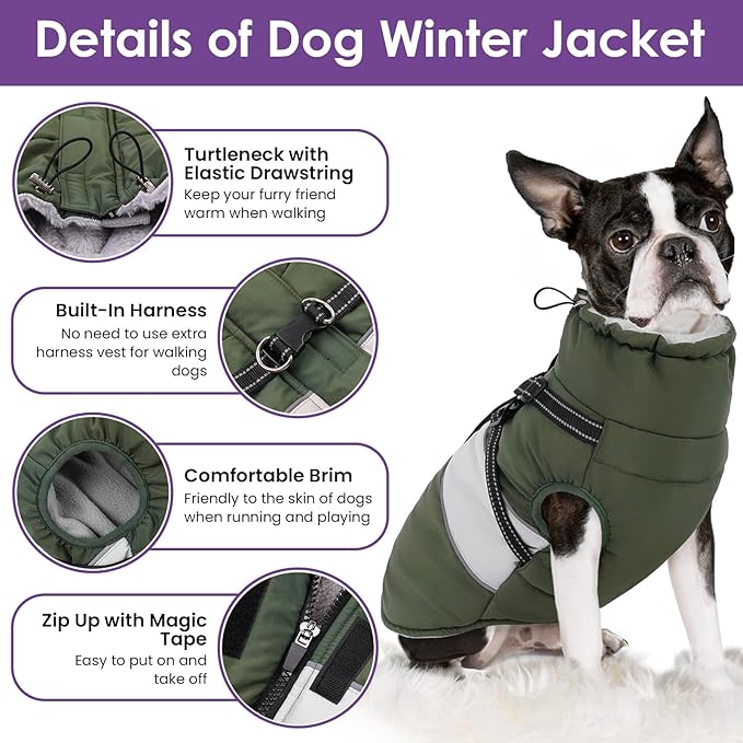 SUNFURA Dog Winter Coat, Waterproof Dog Coat Jacket with Harness for Medium Dogs Boys Girls, Reflective Fleece Lined Pet Snow Jacket Sweaters for Pug, Jack Russel, Boston Terrier, Army Green M